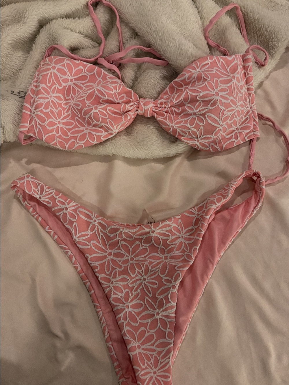 SHEIN Pink Floral Lace-Overlay Bikini Set